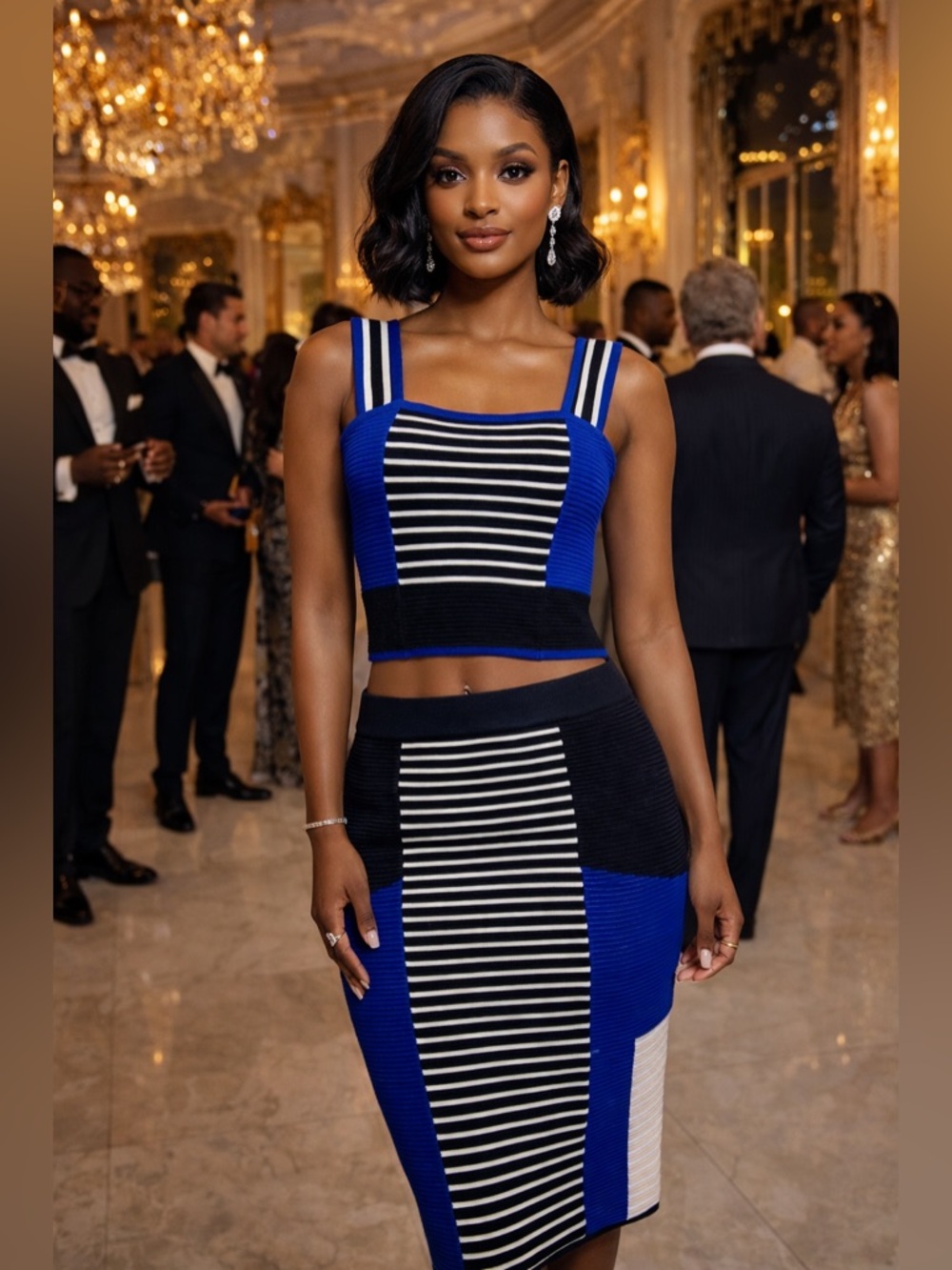 Endless Rose Blue, Black & White Striped Ribbed Pencil Skirt Set size M
